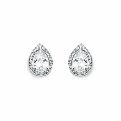 Womens Rhodium Silver  Pear CZ Halo Stud Earrings 6x9mm 10mm - AES119A