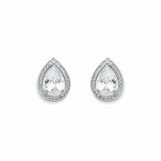 Womens Rhodium Silver  Pear CZ Halo Stud Earrings 6x9mm 10mm - AES119A