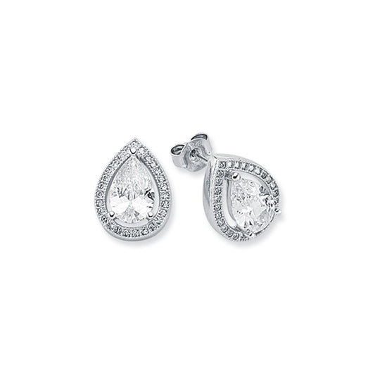 Womens Rhodium Silver  Pear CZ Halo Stud Earrings 6x9mm 10mm - AES119A