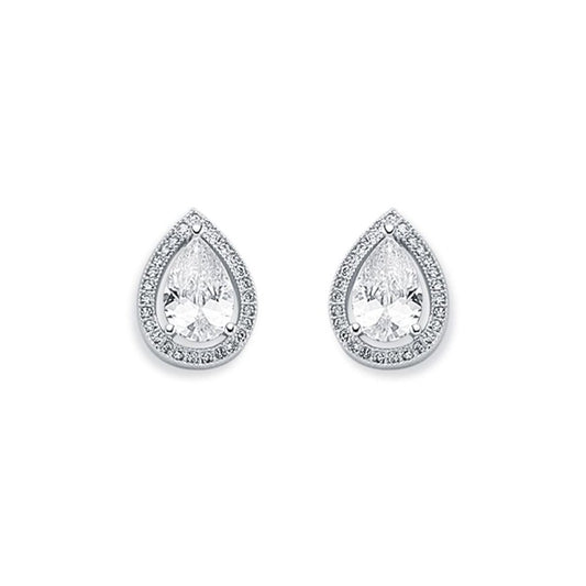 Womens Rhodium Silver  Pear CZ Halo Stud Earrings 6x9mm 10mm - AES119A