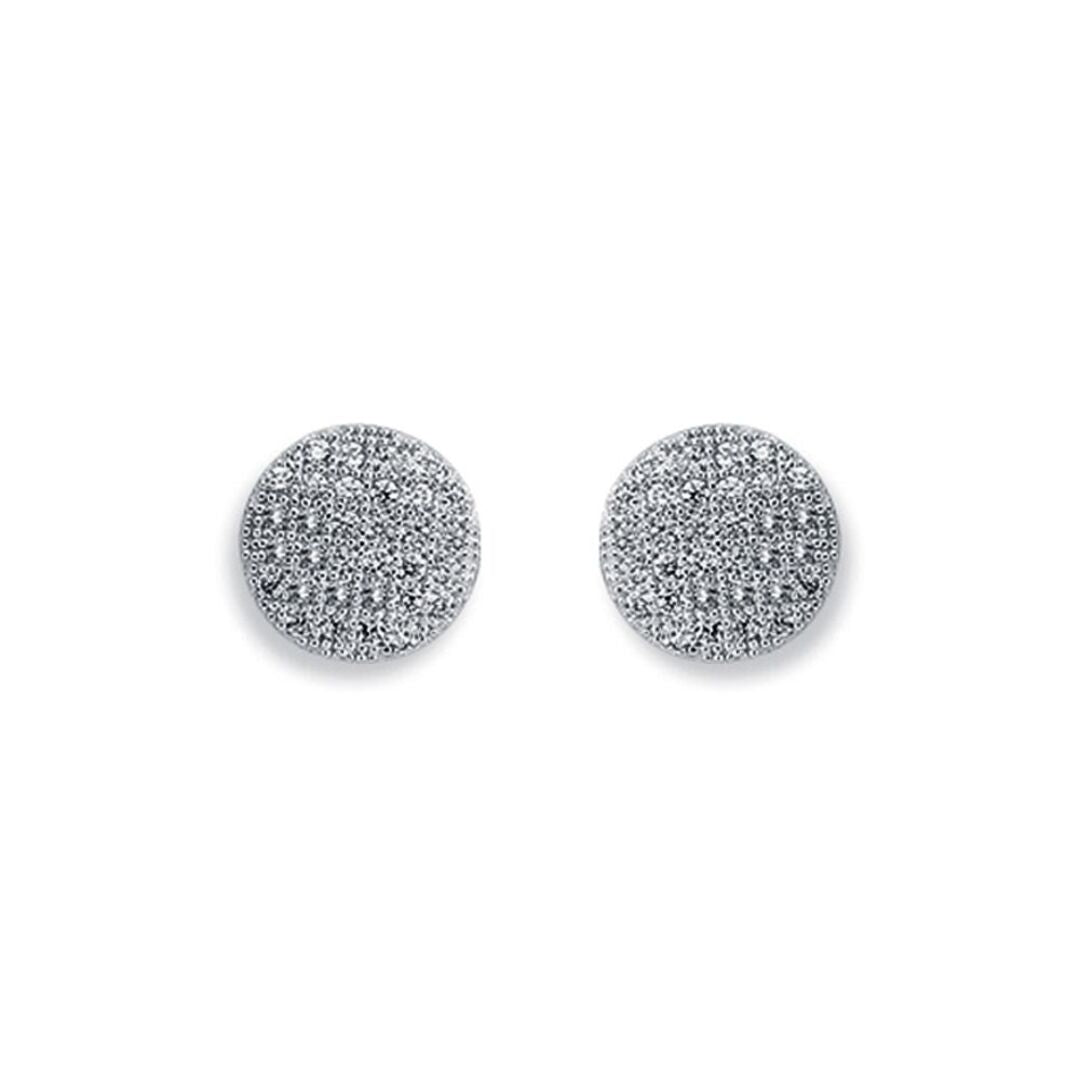 Womens Rhodium Plated Silver  CZ Pave Button Stud Earrings 9mm - AES121