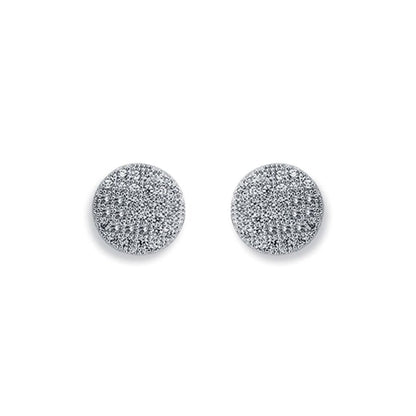 Womens Rhodium Plated Silver  CZ Pave Button Stud Earrings 9mm - AES121