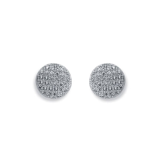 Womens Rhodium Plated Silver  CZ Pave Button Stud Earrings 9mm - AES121