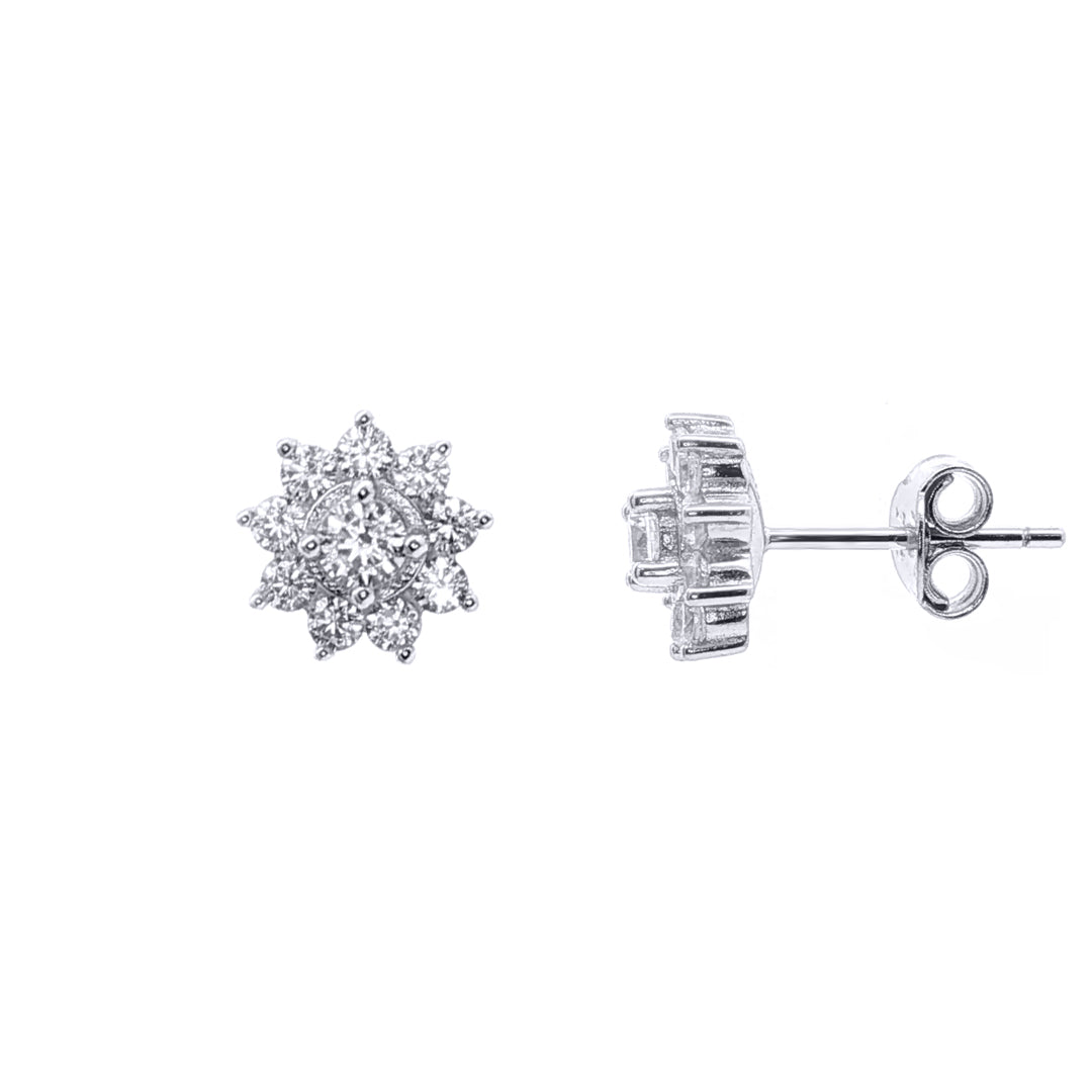 Womens Rhodium Plated Silver  CZ Cluster Stud Earrings 3mm 9mm - AES123