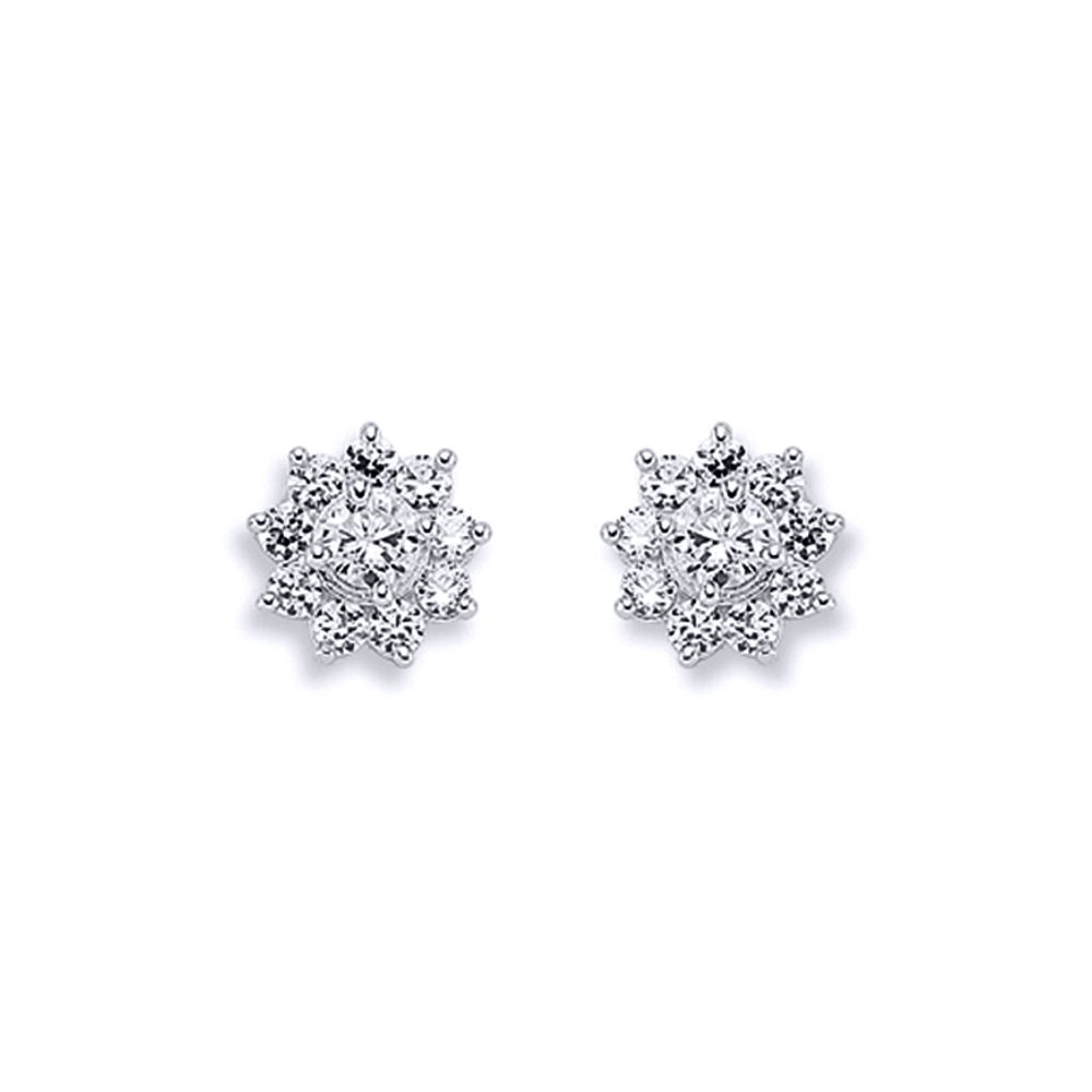 Womens Rhodium Plated Silver  CZ Cluster Stud Earrings 3mm 9mm - AES123
