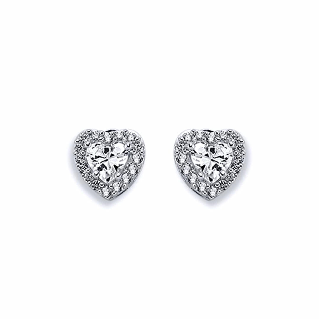 Womens Rhodium Silver  Heart CZ Cluster Stud Earrings 6mm 9mm - AES124