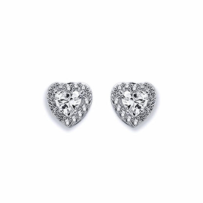 Womens Rhodium Silver  Heart CZ Cluster Stud Earrings 6mm 9mm - AES124