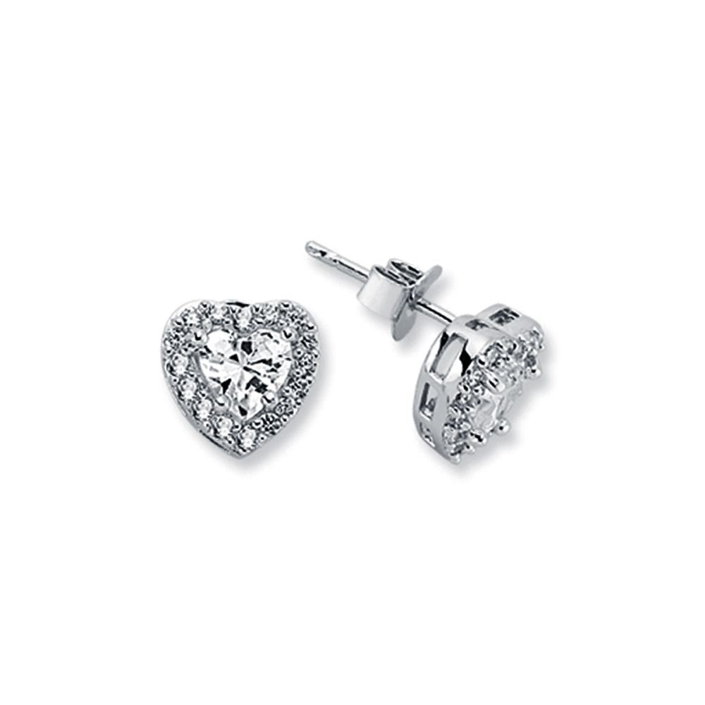 Womens Rhodium Silver  Heart CZ Cluster Stud Earrings 6mm 9mm - AES124