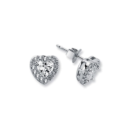 Womens Rhodium Silver  Heart CZ Cluster Stud Earrings 6mm 9mm - AES124