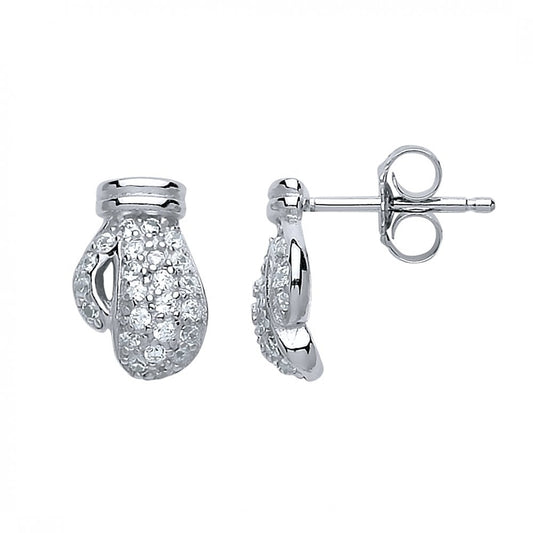 Unisex Rhodium Plated Silver  CZ Boxing Glove Stud Earrings 7mm - AES126