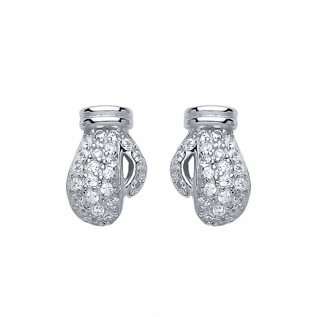 Unisex Rhodium Plated Silver  CZ Boxing Glove Stud Earrings 7mm - AES126
