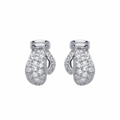 Unisex Rhodium Plated Silver  CZ Boxing Glove Stud Earrings 7mm - AES126