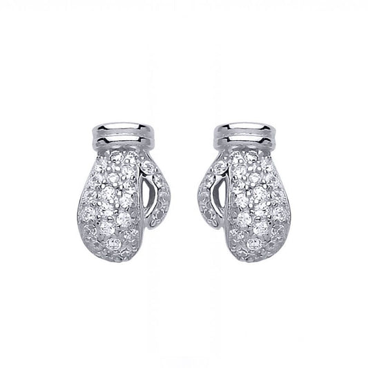 Unisex Rhodium Plated Silver  CZ Boxing Glove Stud Earrings 7mm - AES126