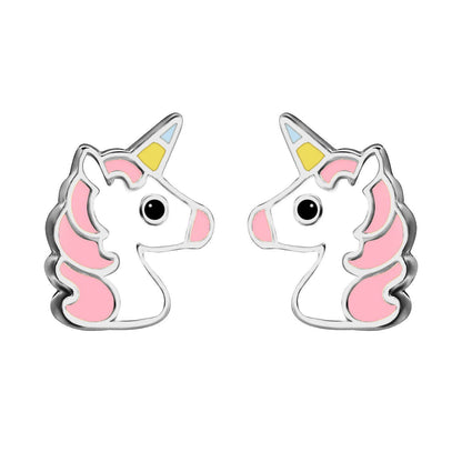 Silver  Enamel Cute Cartoon Unicorn Stud Earrings 9mm - AES127