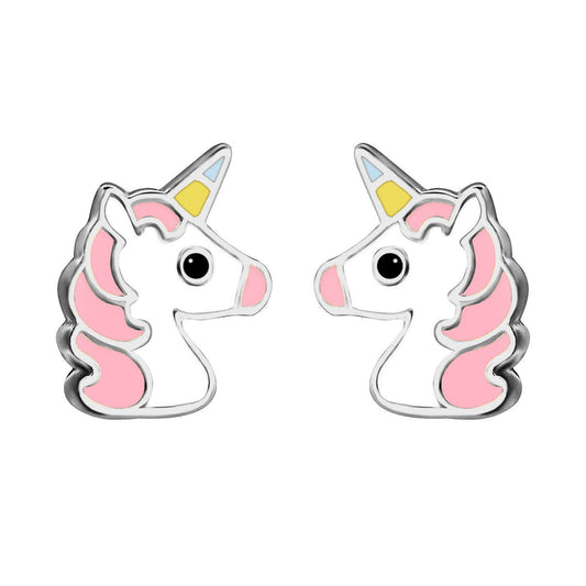 Silver  Enamel Cute Cartoon Unicorn Stud Earrings 9mm - AES127