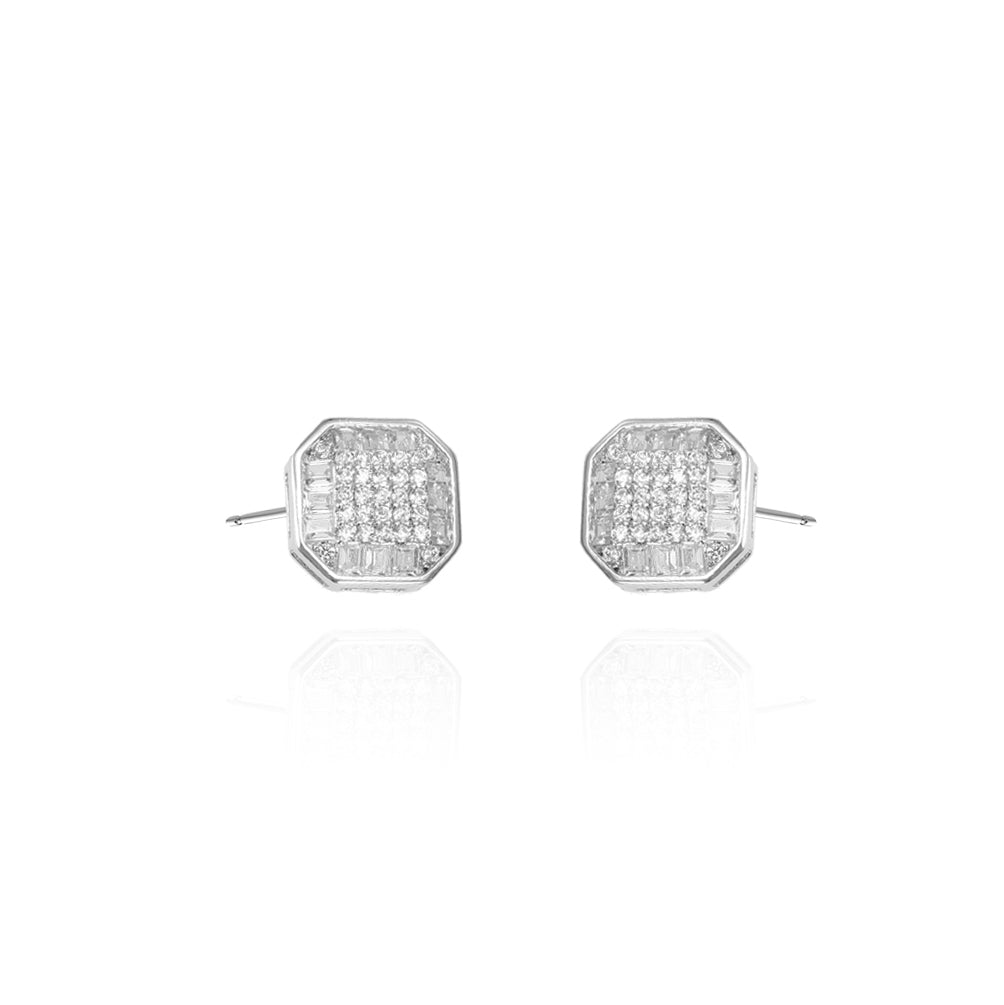 Silver  Round & Baguette CZ Square Octagonal Stud Earrings - AES128