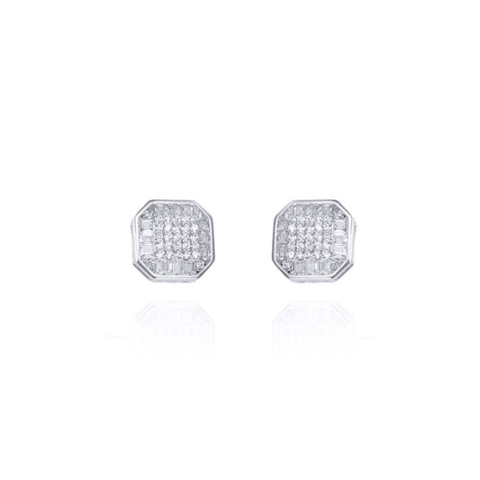 Silver  Round & Baguette CZ Square Octagonal Stud Earrings - AES128