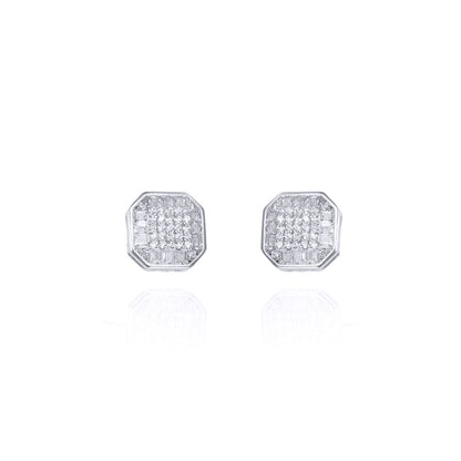 Silver  Round & Baguette CZ Square Octagonal Stud Earrings - AES128