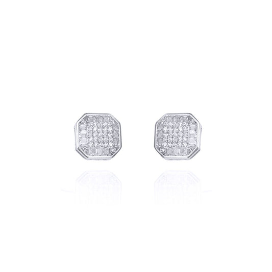 Silver  Round & Baguette CZ Square Octagonal Stud Earrings - AES128