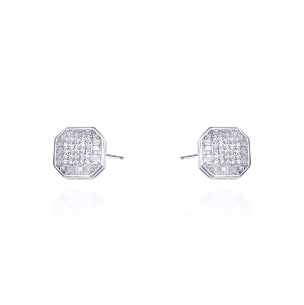 Silver  Round & Baguette CZ Square Octagonal Stud Earrings - AES128