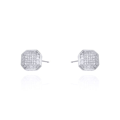Silver  Round & Baguette CZ Square Octagonal Stud Earrings - AES128