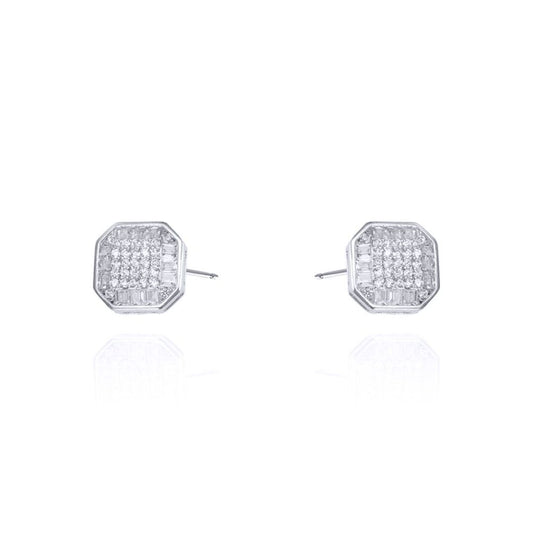 Silver  Round & Baguette CZ Square Octagonal Stud Earrings - AES128