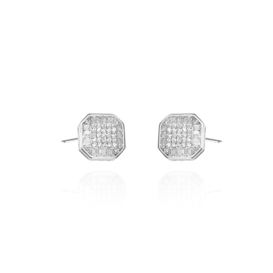 Silver  Round & Baguette CZ Square Octagonal Stud Earrings - AES128