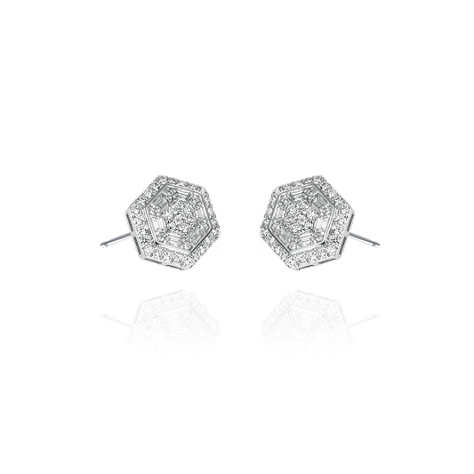 Sterling Silver  Round & Baguette CZ Hexagonal Stud Earrings - AES129