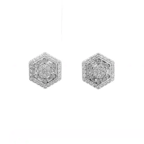 Sterling Silver  Baguette CZ Hexagon Honeycomb Stud Earrings - AES129