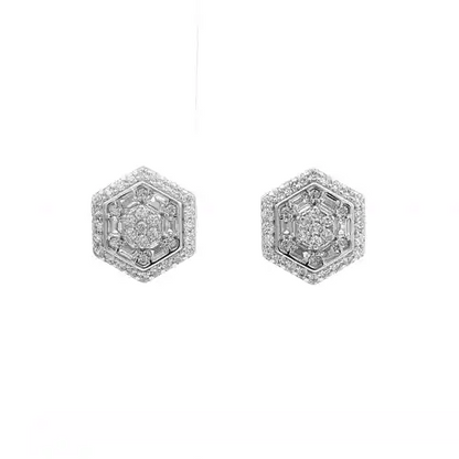 Sterling Silver  Baguette CZ Hexagon Honeycomb Stud Earrings - AES129