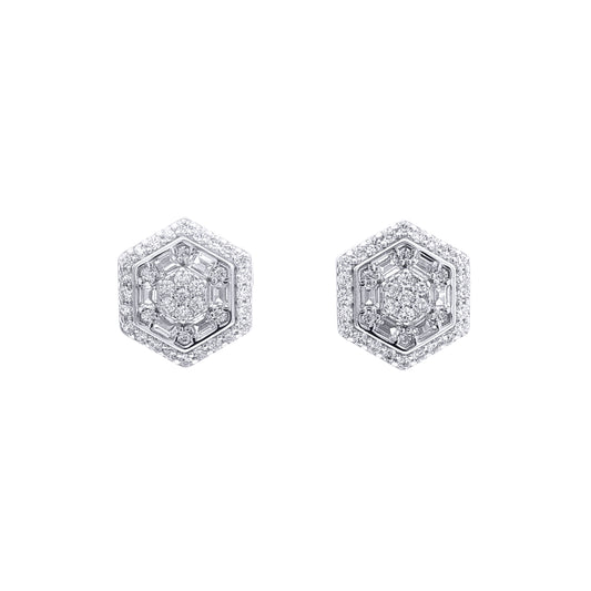 Sterling Silver  Baguette CZ Hexagon Honeycomb Stud Earrings - AES129