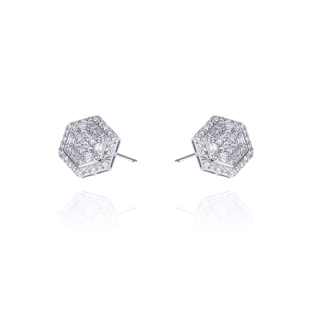 Sterling Silver  Baguette CZ Hexagon Honeycomb Stud Earrings - AES129