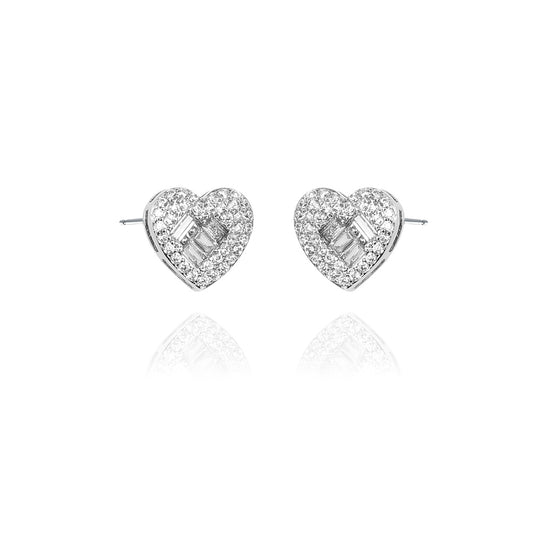 Sterling Silver  Round & Baguette CZ Love Stud Earrings - AES131