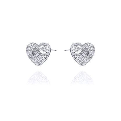 Sterling Silver  Round & Baguette CZ Love Stud Earrings - AES131