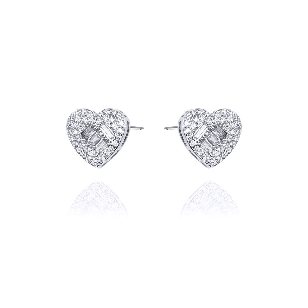 Sterling Silver  Round & Baguette CZ Love Stud Earrings - AES131