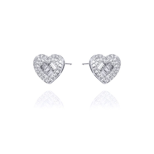 Sterling Silver  Round & Baguette CZ Love Stud Earrings - AES131