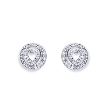 Sterling Silver  CZ Halo Love Heart Stud Earrings - AES133