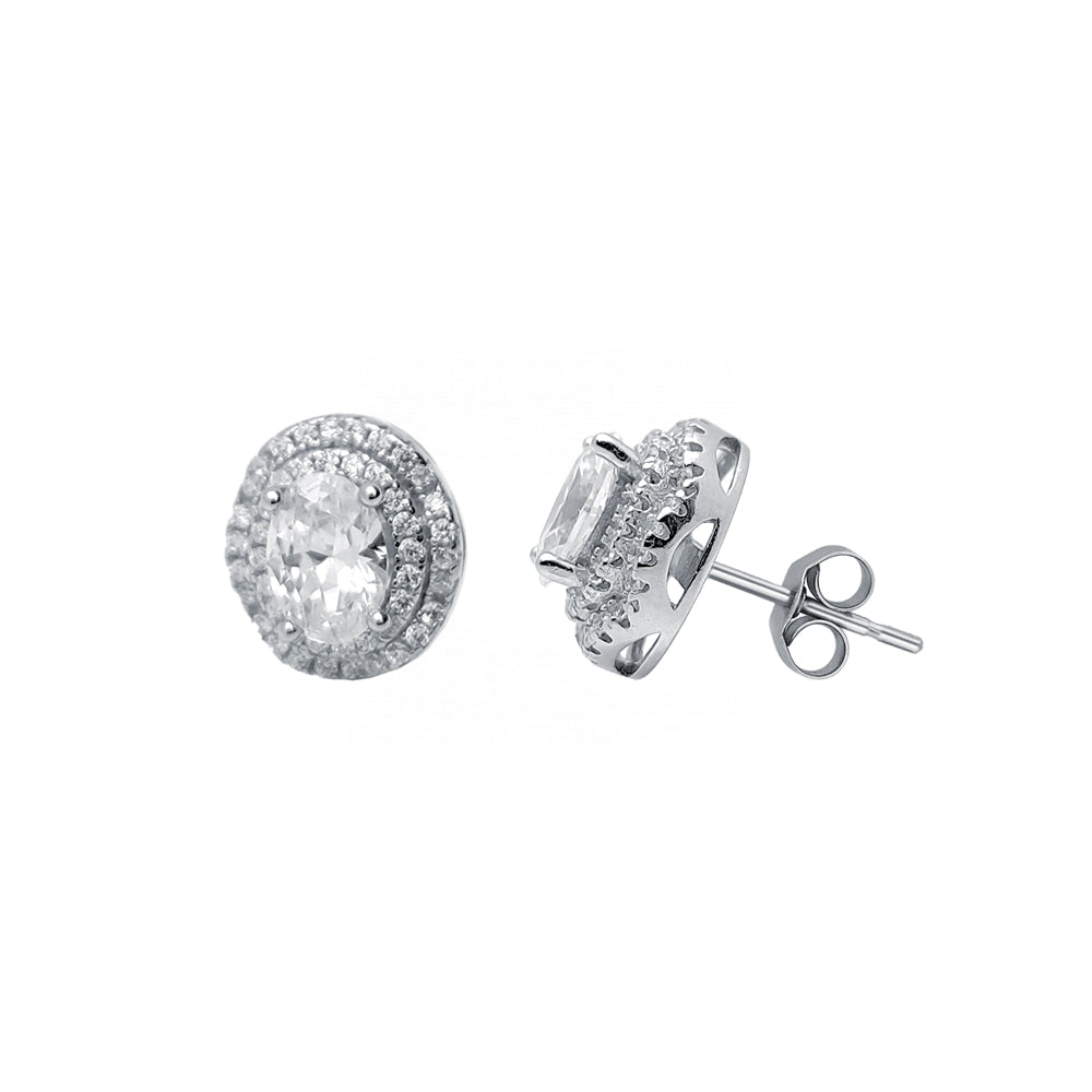 Silver  Round & Oval CZ 3-tier Wedding Cake Stud Earrings - AES134