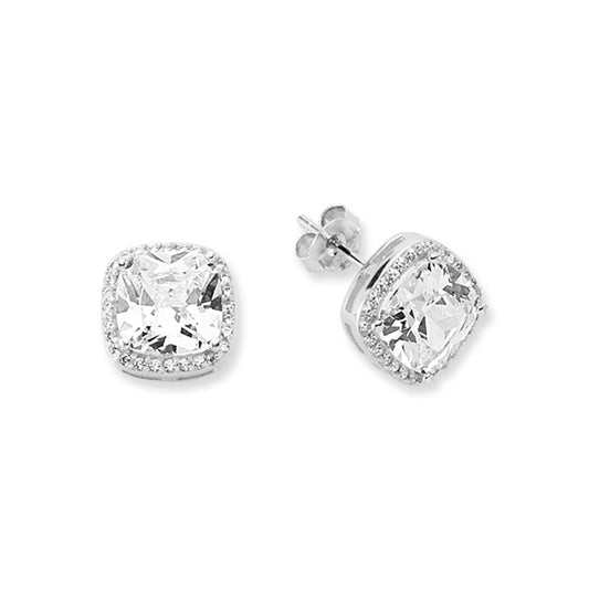Silver  Round & Cushion CZ Halo Solitaire Stud Earrings - AES135