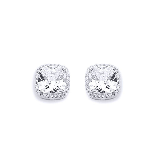 Silver  Round & Cushion CZ Halo Solitaire Stud Earrings - AES135