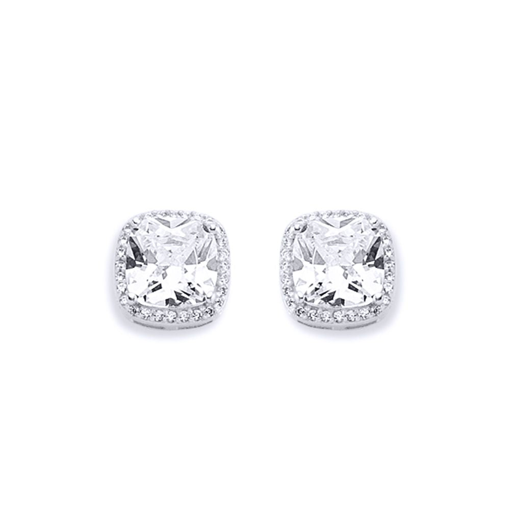 Silver  Round & Cushion CZ Halo Solitaire Stud Earrings - AES135