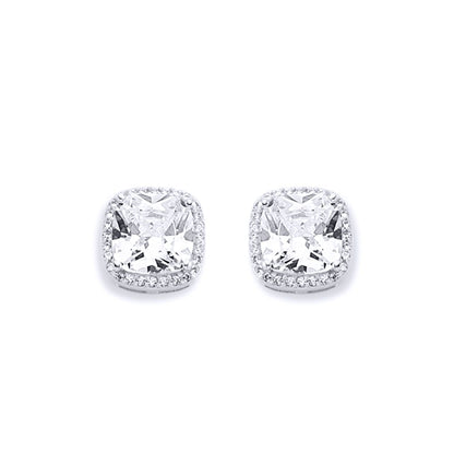 Silver  Round & Cushion CZ Halo Solitaire Stud Earrings - AES135