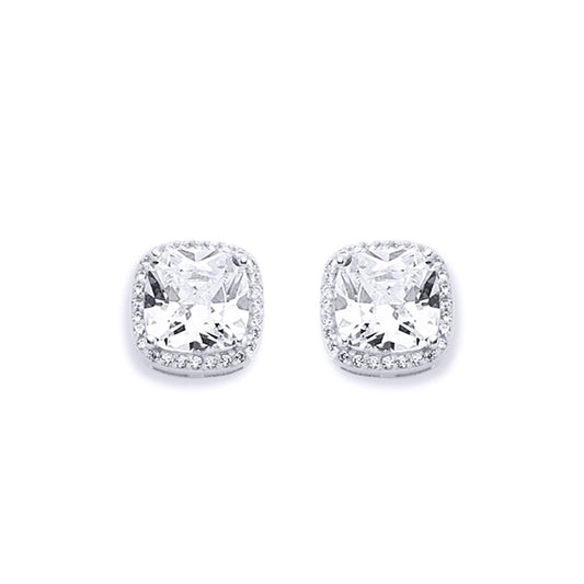 Silver  Round & Cushion CZ Halo Solitaire Stud Earrings - AES135