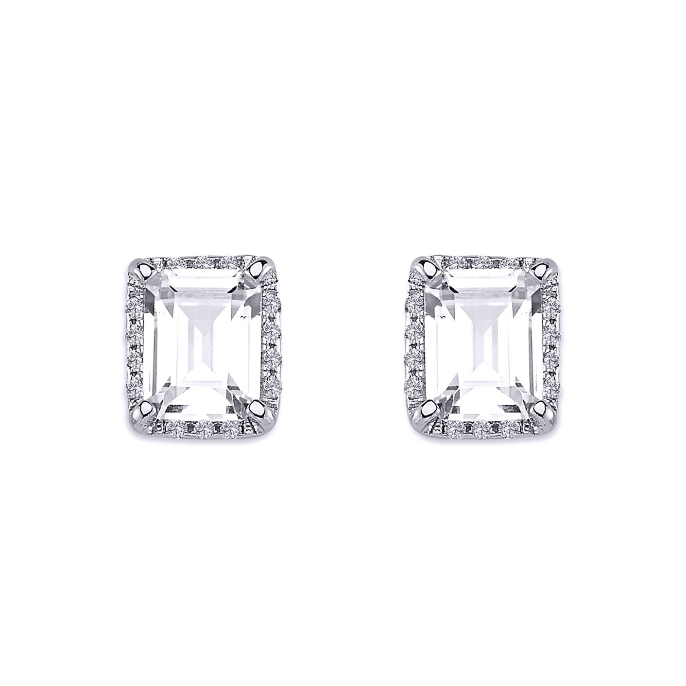 Silver  Round & Emerald-cut CZ Halo Solitaire Stud Earrings - AES136