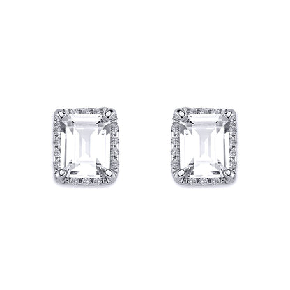 Silver  Round & Emerald-cut CZ Halo Solitaire Stud Earrings - AES136