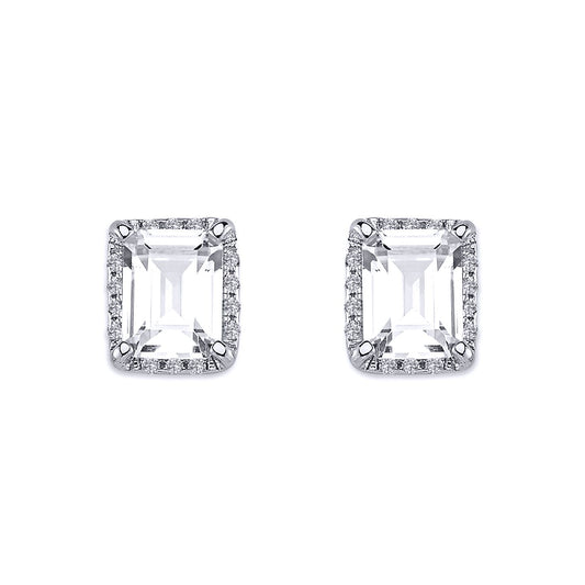 Silver  Round & Emerald-cut CZ Halo Solitaire Stud Earrings - AES136