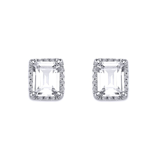 Silver  Round & Emerald-cut CZ Halo Solitaire Stud Earrings - AES136