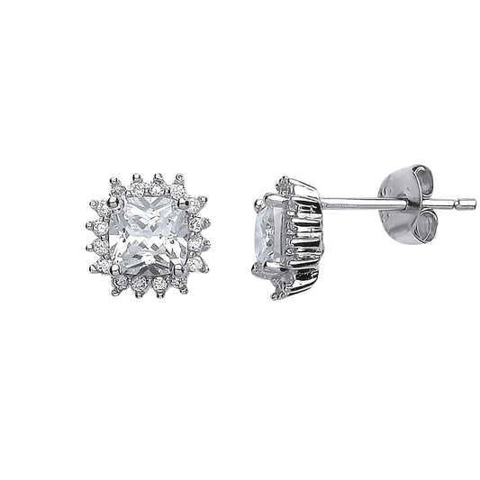 Silver  Round & Cushion CZ Spikey Halo Solitaire Stud Earrings - AES137