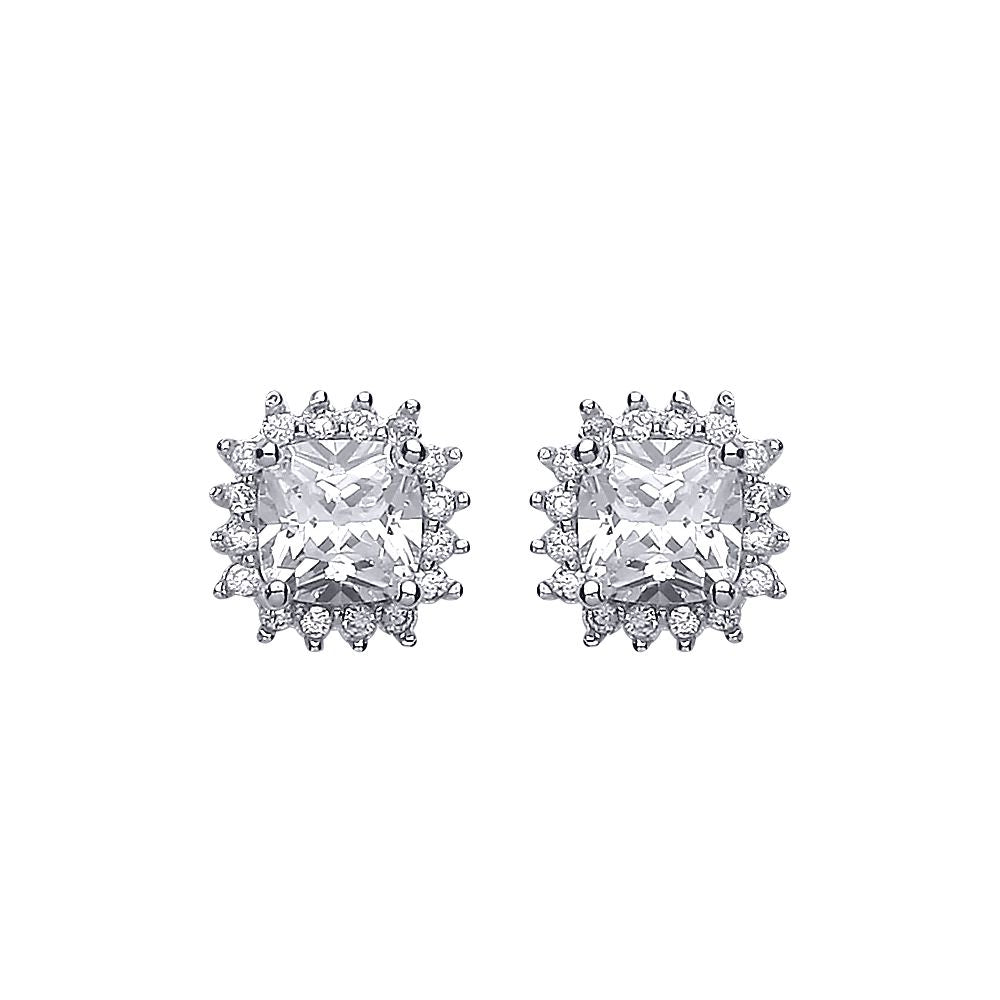 Silver  Round & Cushion CZ Spikey Halo Solitaire Stud Earrings - AES137