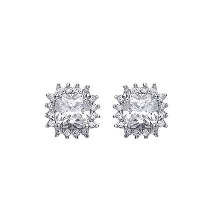 Silver  Round & Cushion CZ Spikey Halo Solitaire Stud Earrings - AES137